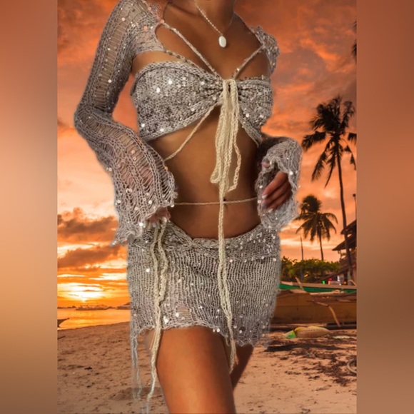 Polly Sequin Crochet Three Piece Skirt Sweater Dress Set - Picture 4 of 17